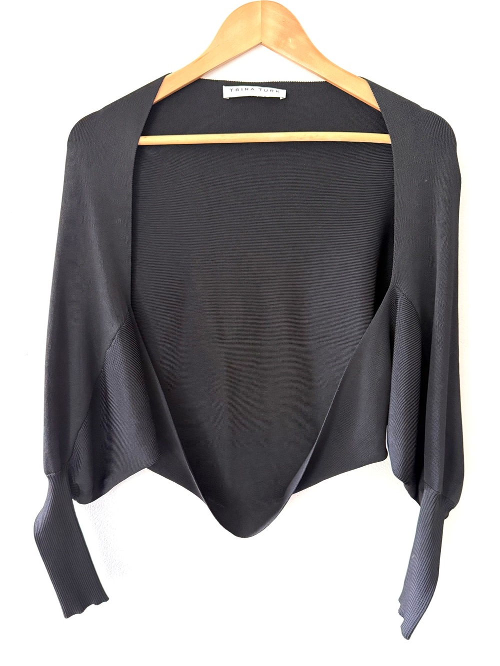Trina Turk Marnie Shrug Black Satiny Crop Bolero Knit Long Sleeve Cardigan OS